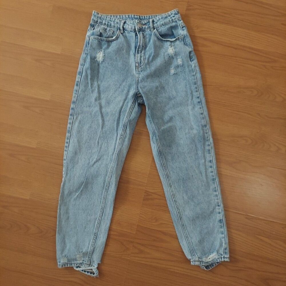 Shein High Waist Tapered Leg Jeans Light Wash Distressed Sz 6